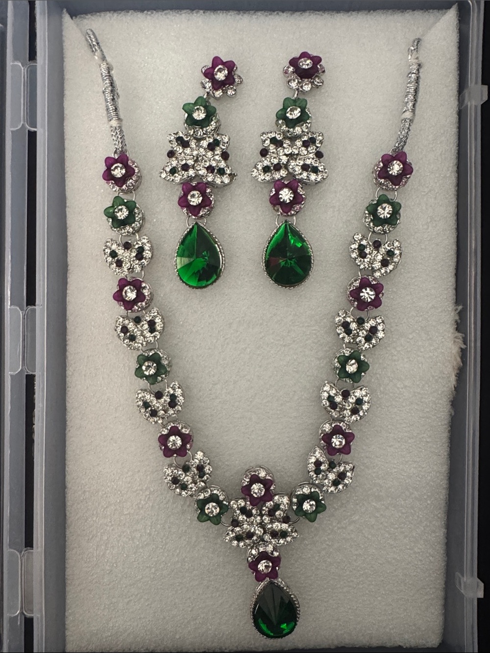 Elegant Green and Purple Floral Crystal Necklace and Earring Set